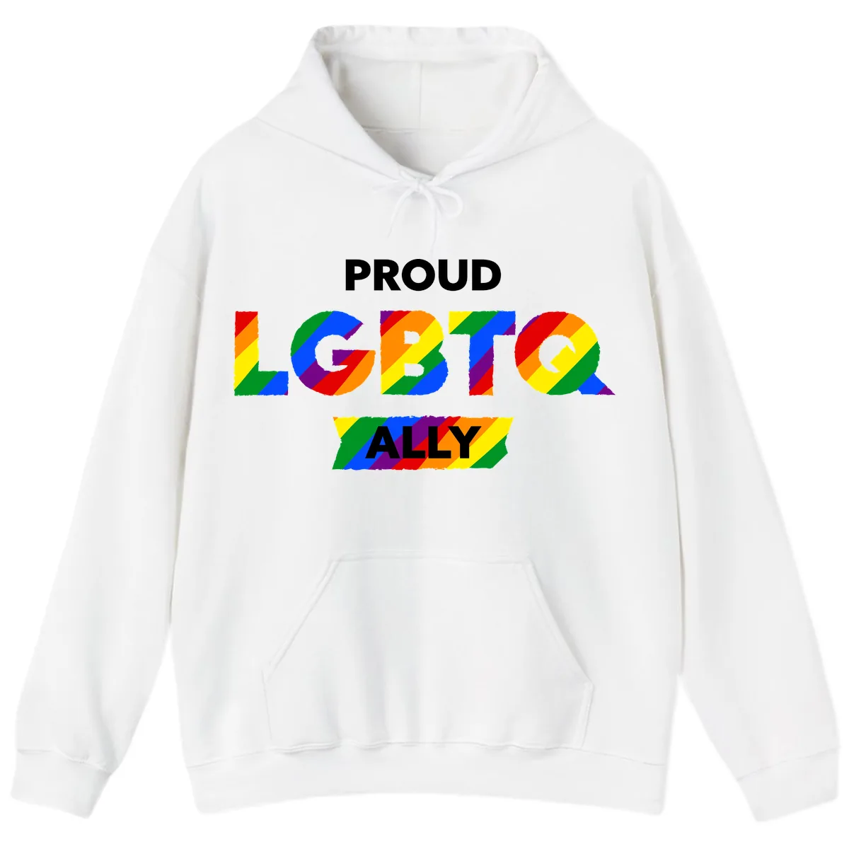 Proud LGBTQ Ally Rainbow Letters Hoodie in White