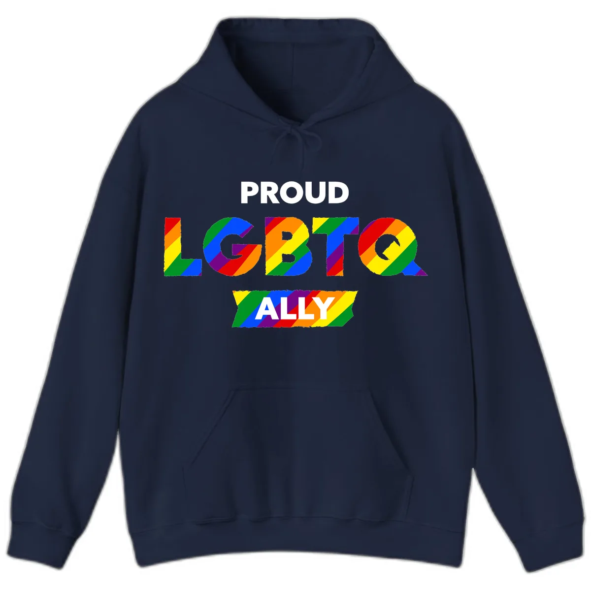 Proud LGBTQ Ally Rainbow Letters Hoodie in Navy