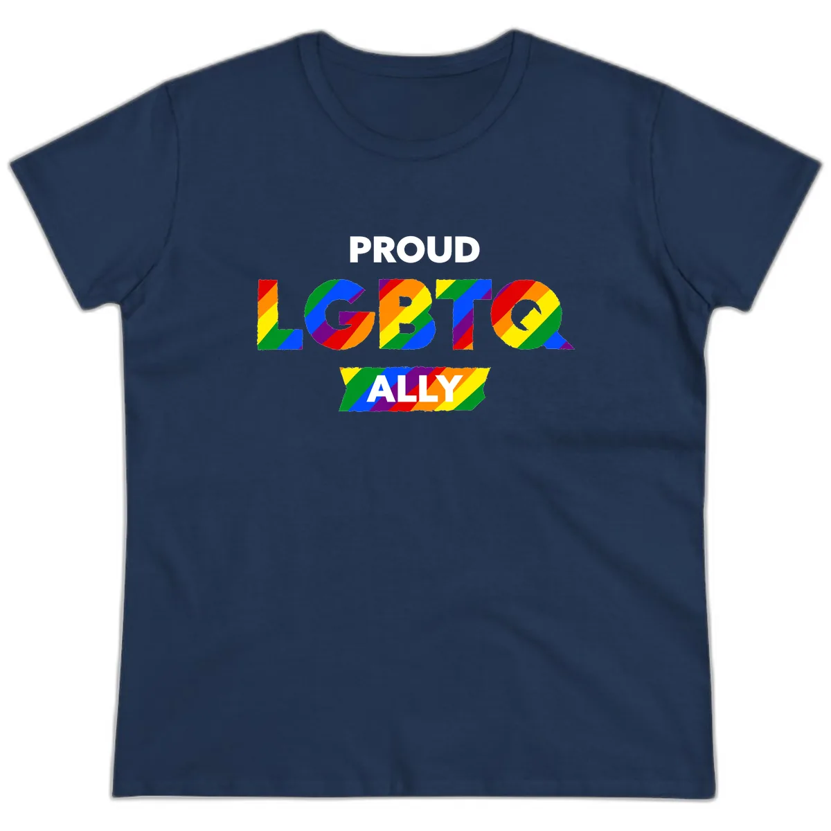Proud LGBTQ Ally Rainbow Letters Ladies Tee in Navy
