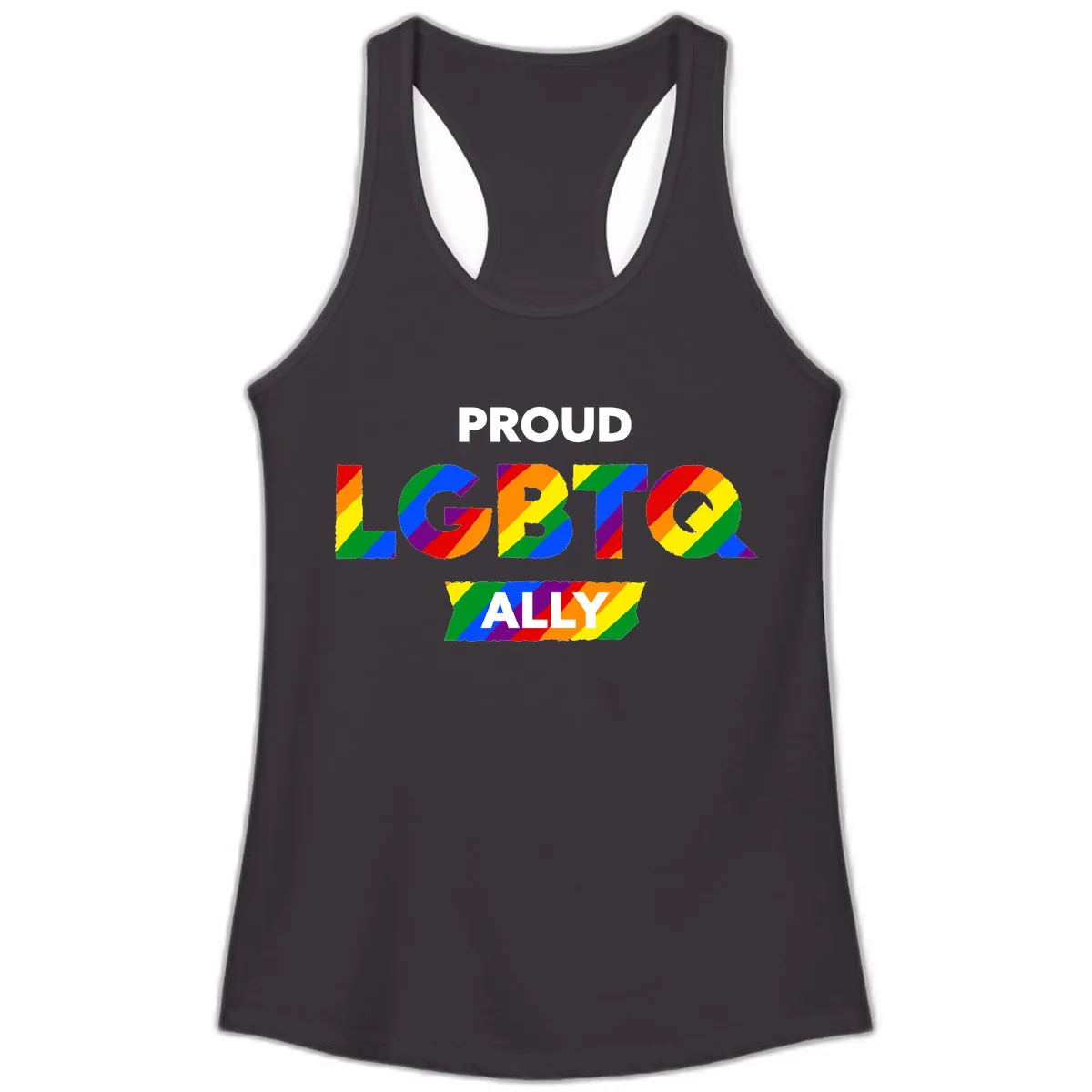 Proud LGBTQ Ally Rainbow Letters Ladies Tank in Black