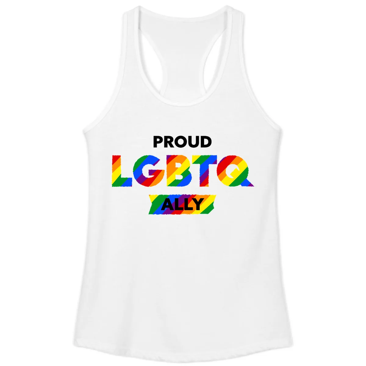 Proud LGBTQ Ally Rainbow Letters Ladies Tank in White