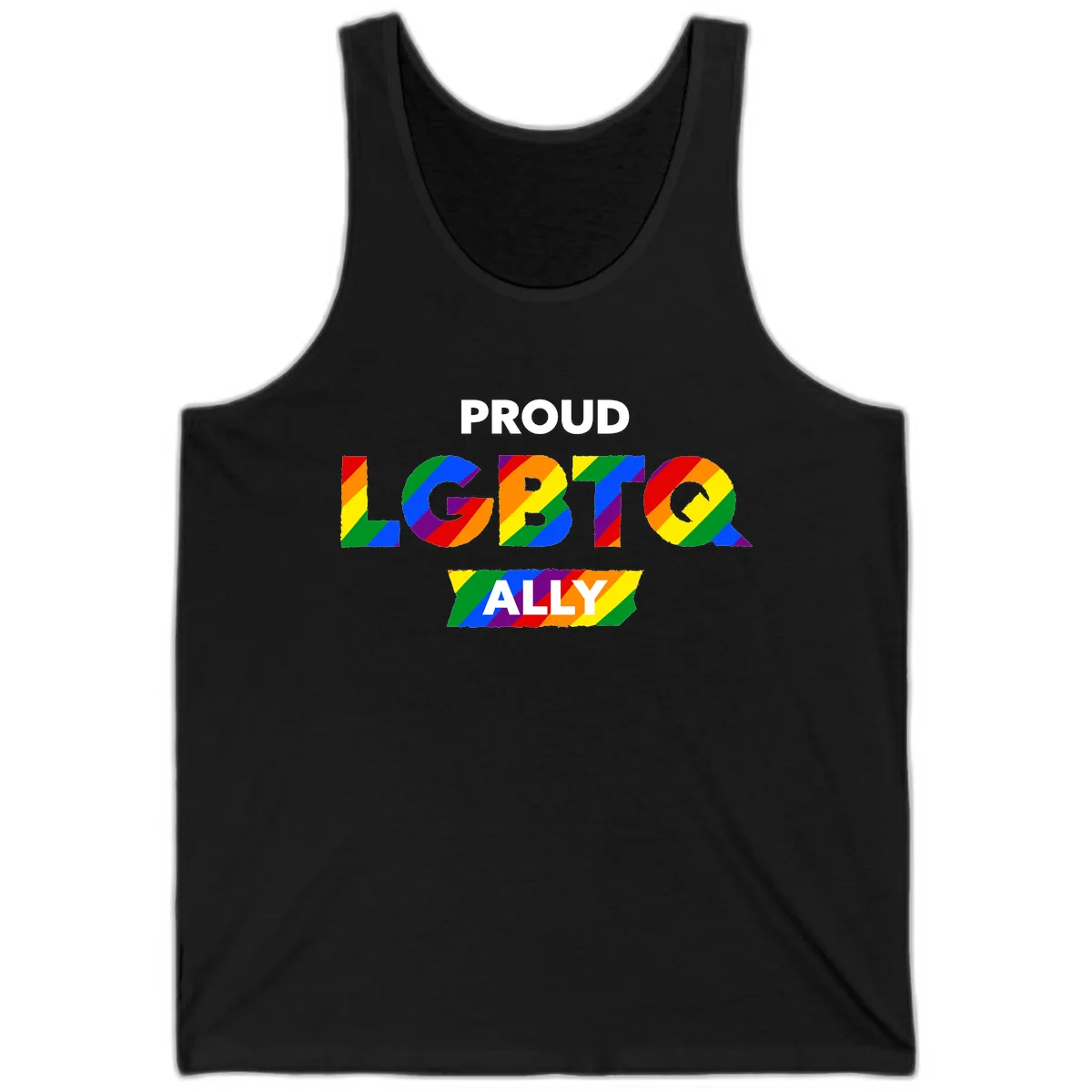 Proud LGBTQ Ally Rainbow Letters Tank in Black