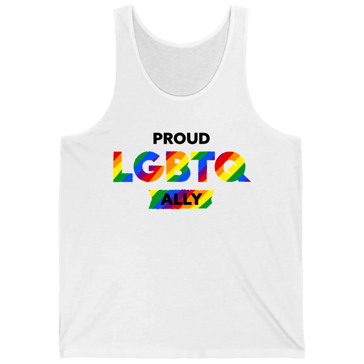 Proud LGBTQ Ally Rainbow Letters Tank in White