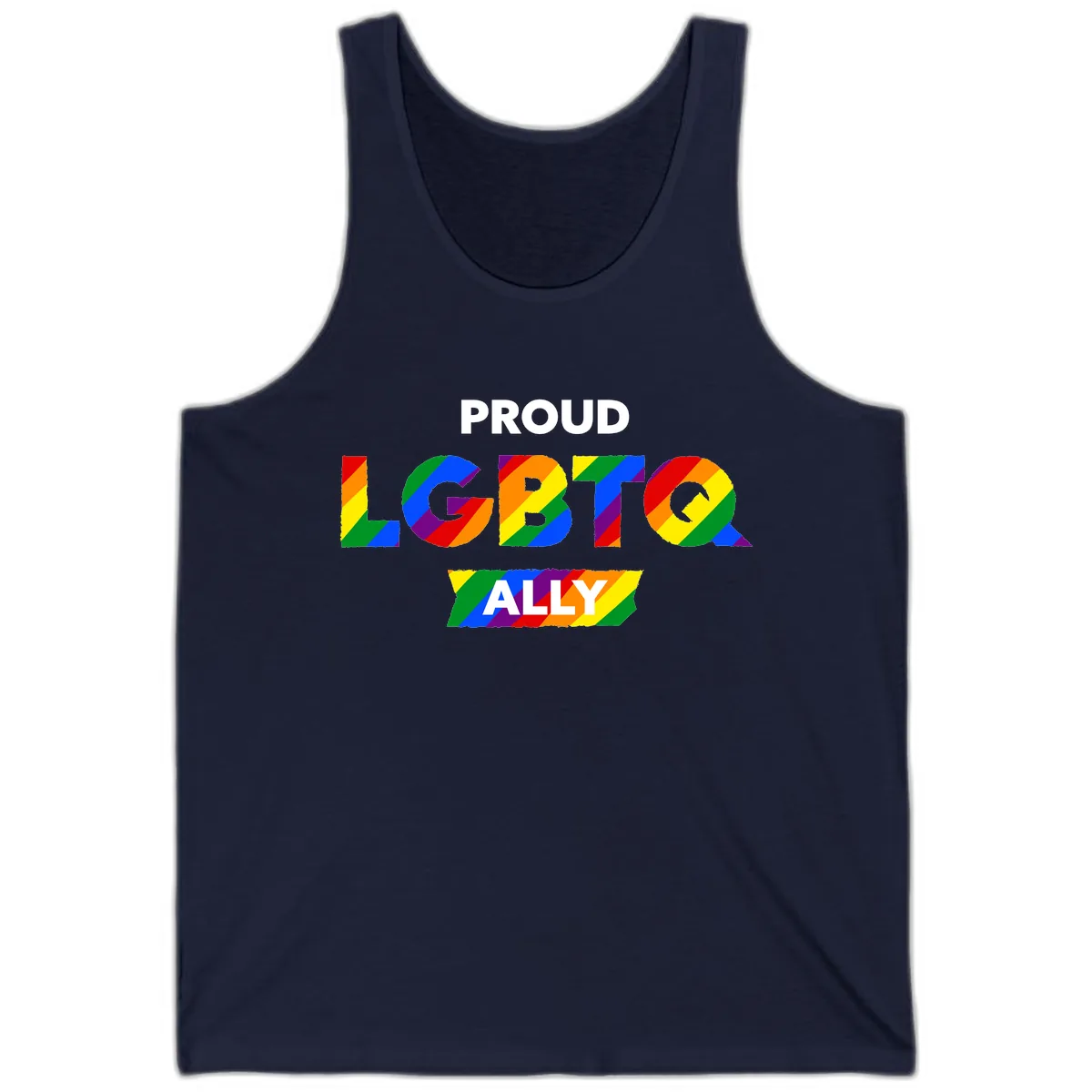 Proud LGBTQ Ally Rainbow Letters Tank in Navy