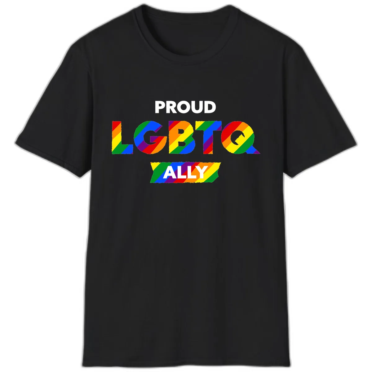 Proud LGBTQ Ally Rainbow Letters T-Shirt in Black