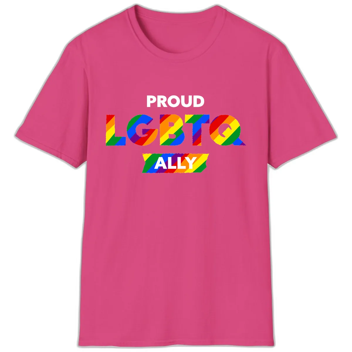 Proud LGBTQ Ally Rainbow Letters T-Shirt in Heliconia