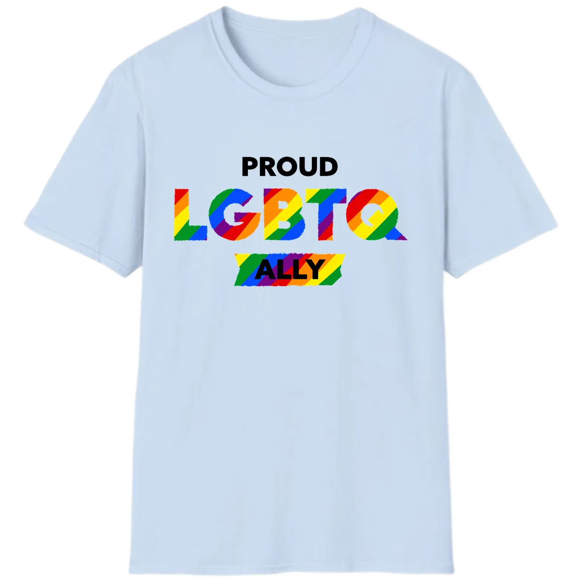 Proud LGBTQ Ally Rainbow Letters T-Shirt in Light Blue