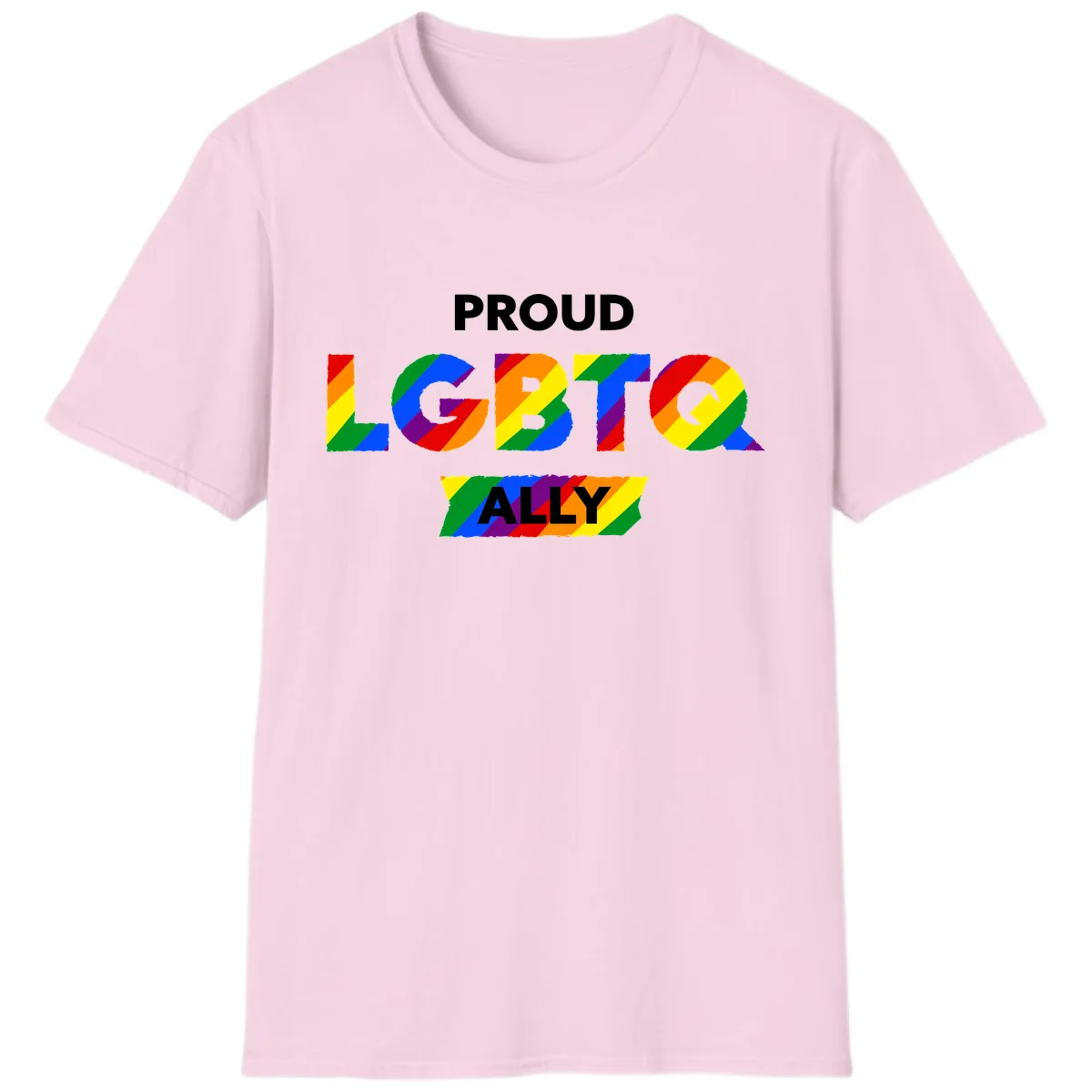 Proud LGBTQ Ally Rainbow Letters T-Shirt in Light Pink