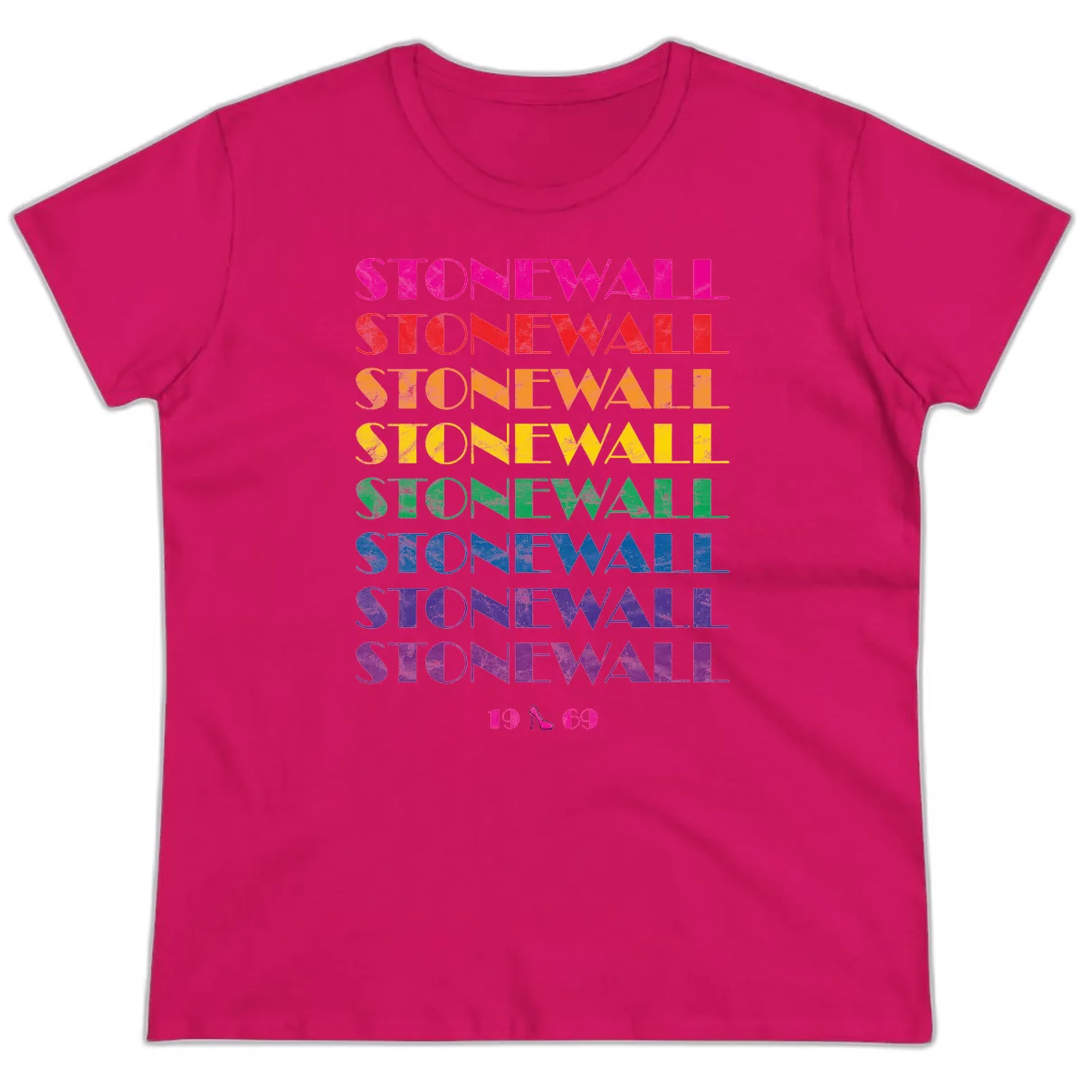 Stonewall Pride Rainbow Repetition Ladies Tee in Heliconia