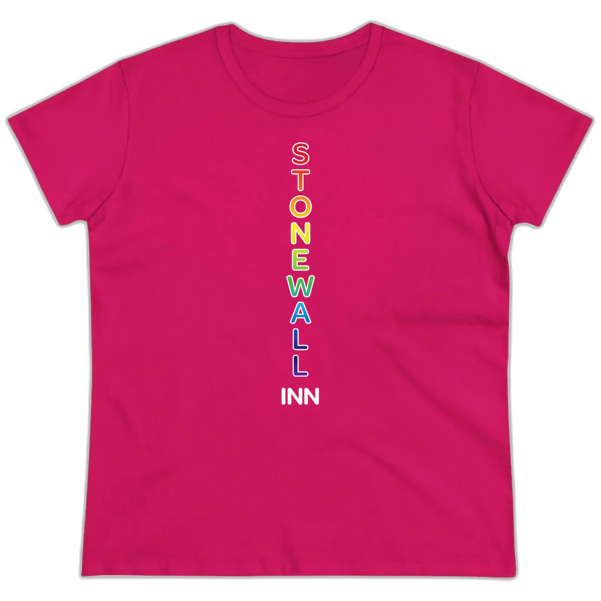 Stonewall Inn Rainbow Pride Vertical Ladies Tee in Heliconia