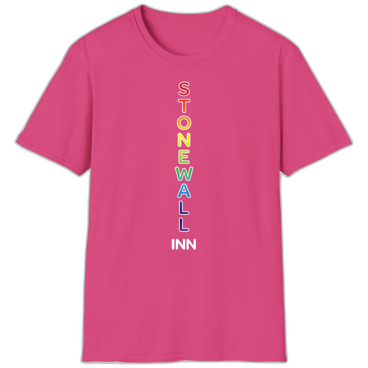 Stonewall Inn Rainbow Pride Vertical T-Shirt in Heliconia