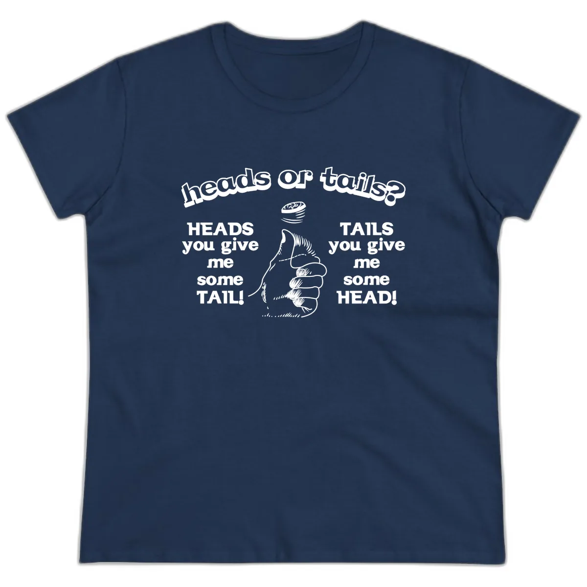 Heads Or Tails Coin Flip Ladies Tee in Navy
