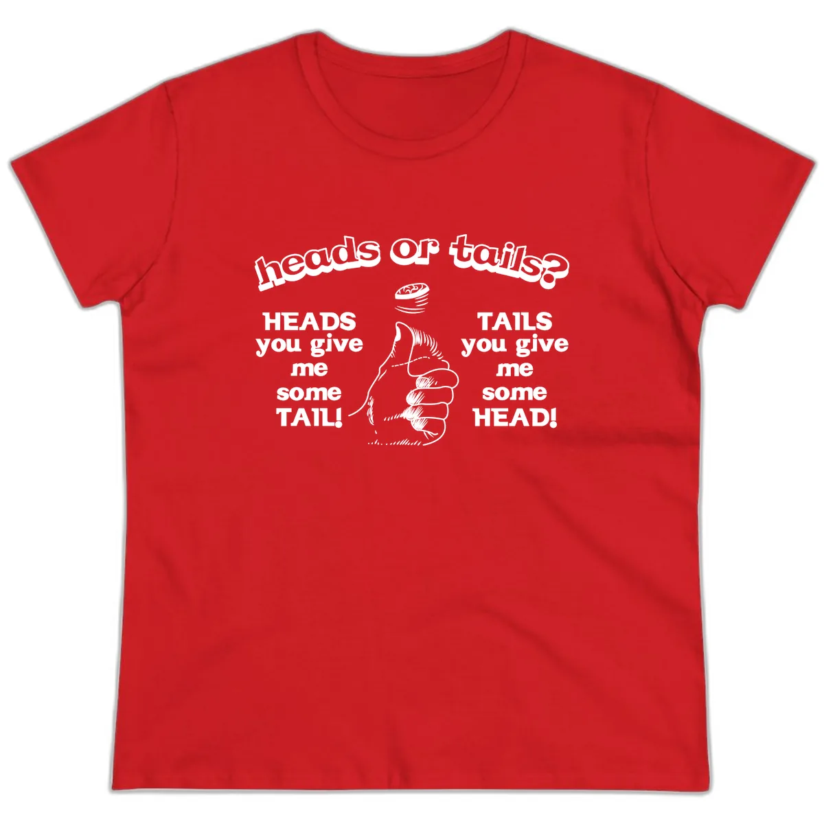 Heads Or Tails Coin Flip Ladies Tee in Red
