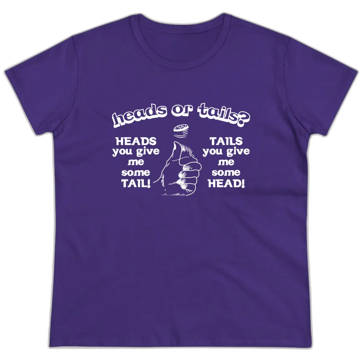 Heads Or Tails Coin Flip Ladies Tee in Purple