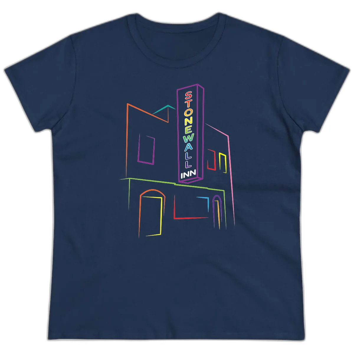 Stonewall Inn Neon Sign Ladies Tee in Navy