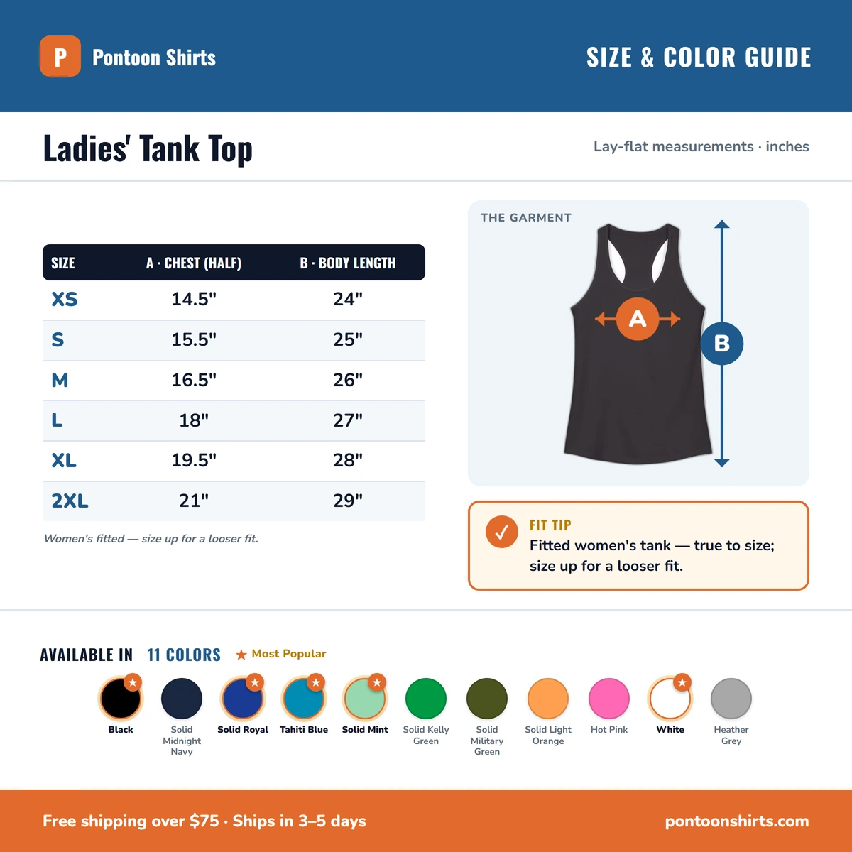 Ladies Tank size & color guide