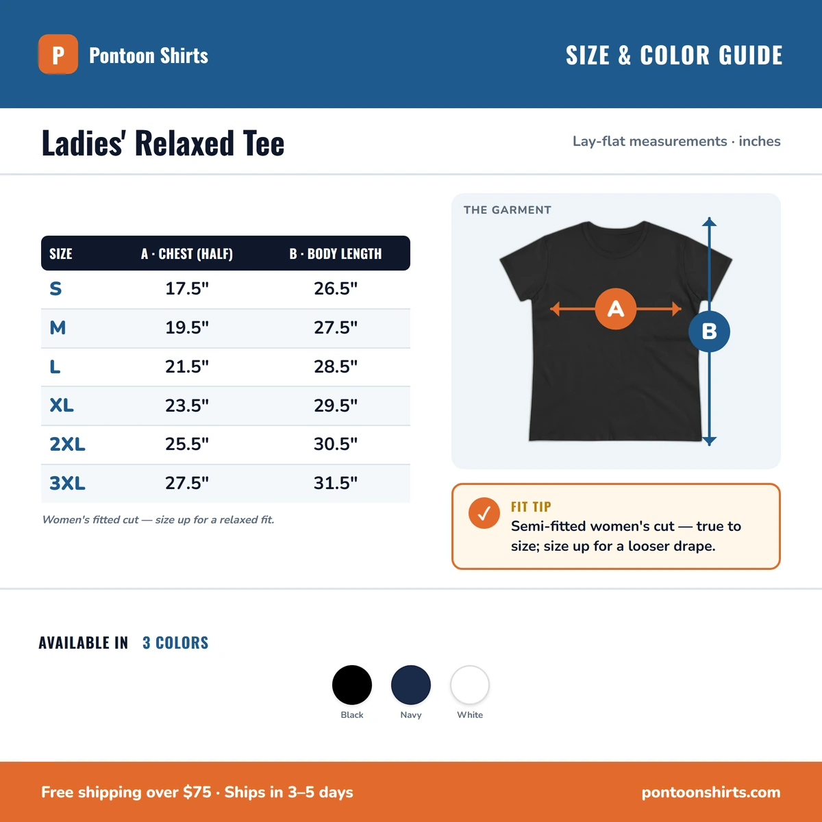 Ladies Tee size & color guide