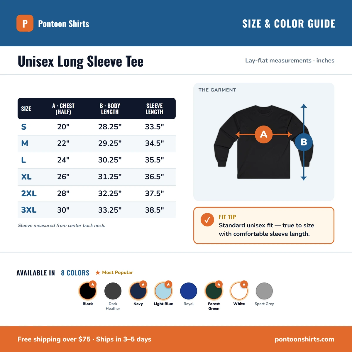 Long Sleeve size & color guide