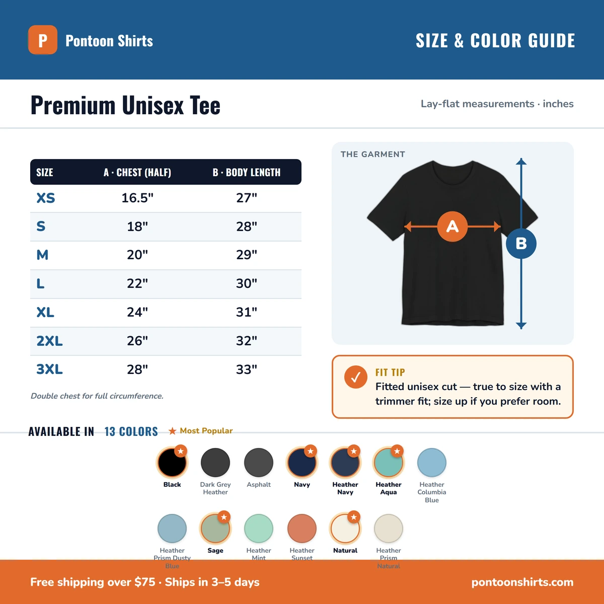 Premium T-Shirt size & color guide
