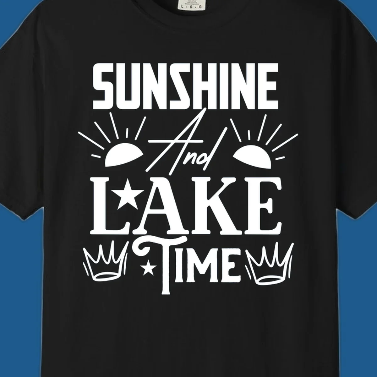 Sunshine and lake time text design with sun, star, and crown graphics.