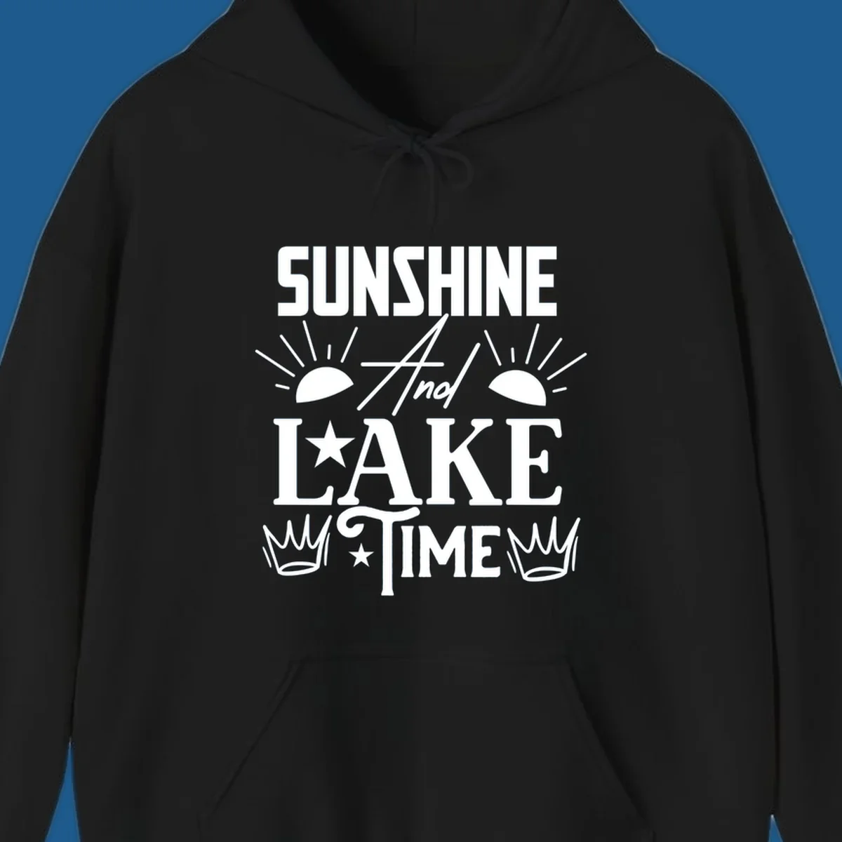 Sunshine and lake time text design with sun, star, and crown graphics.