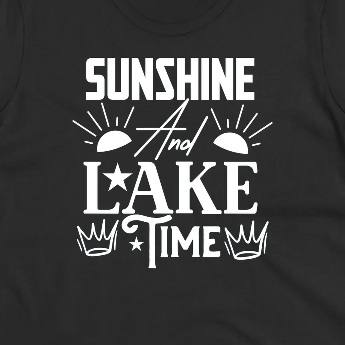 Sunshine and lake time text design with sun, star, and crown graphics.