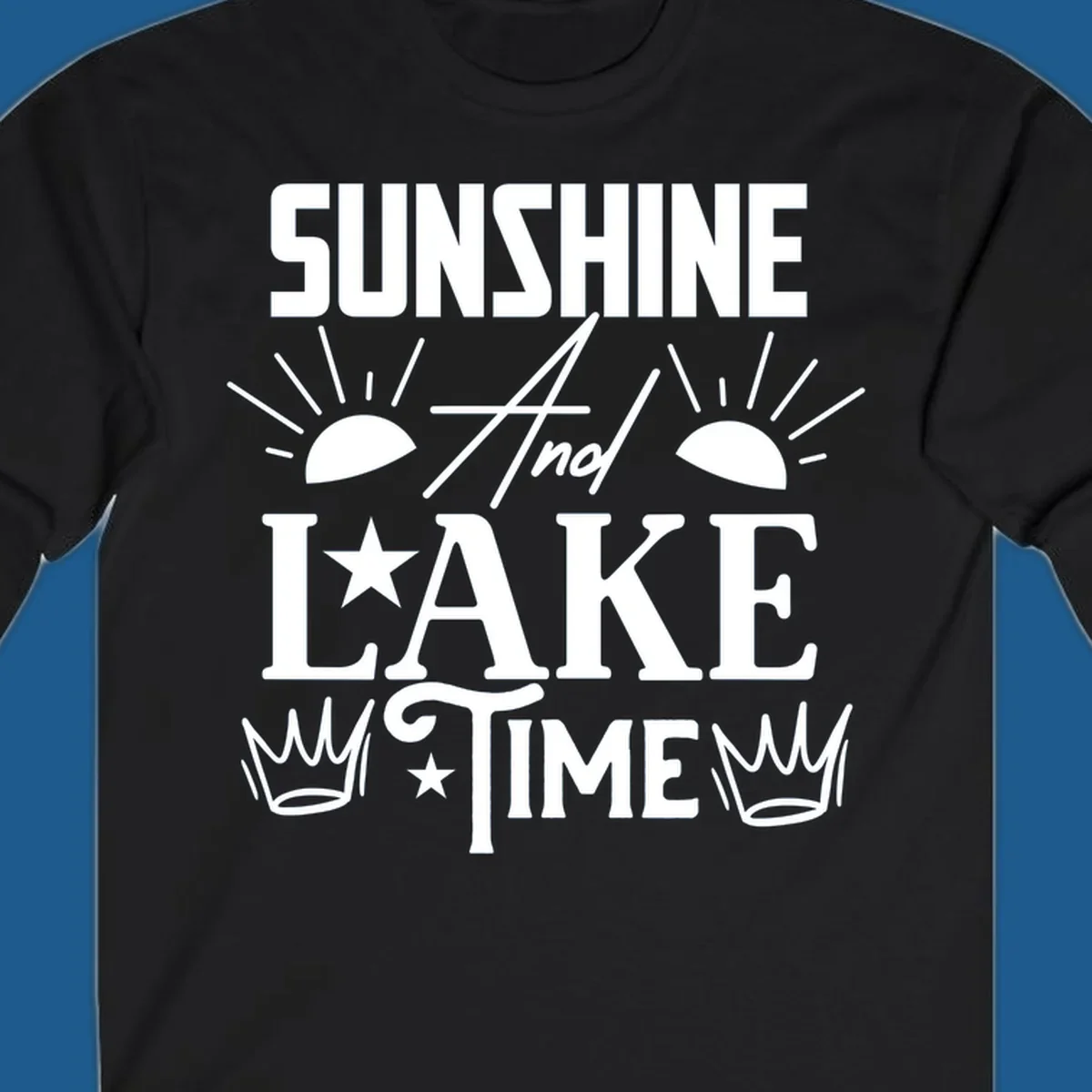 Sunshine and lake time text design with sun, star, and crown graphics.