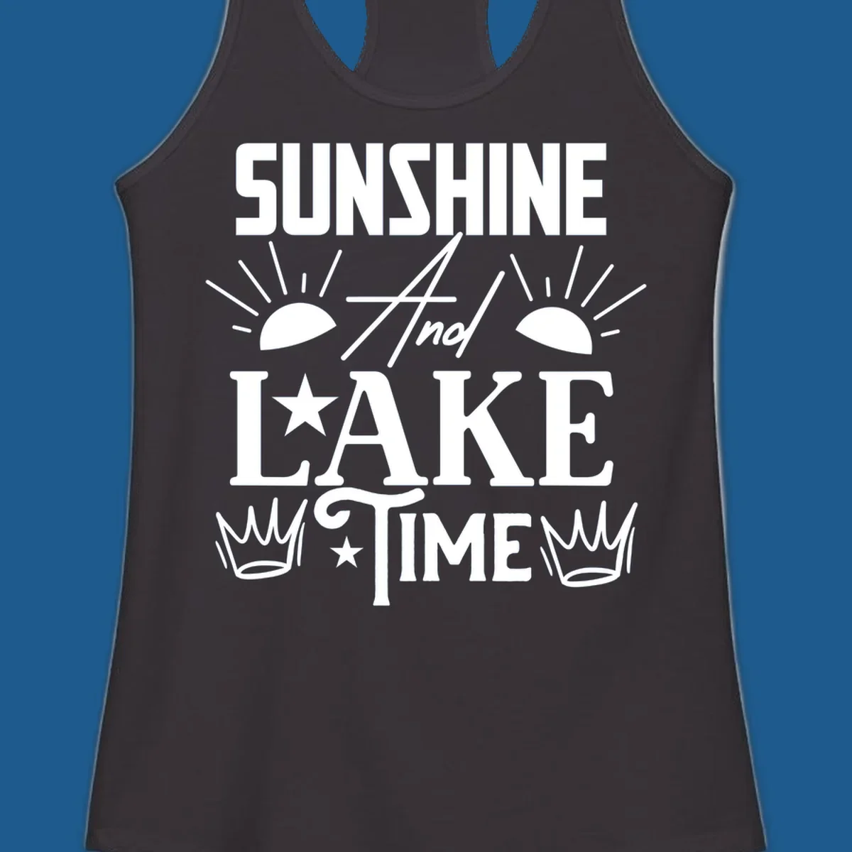 Sunshine and lake time text design with sun, star, and crown graphics.