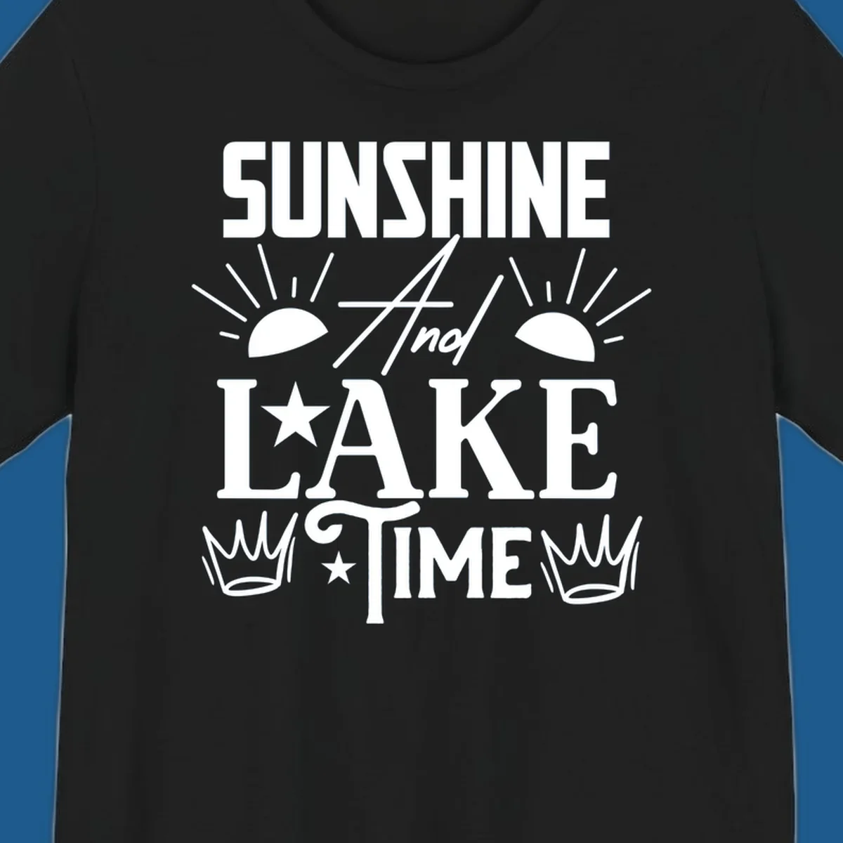 Sunshine and lake time text design with sun, star, and crown graphics.