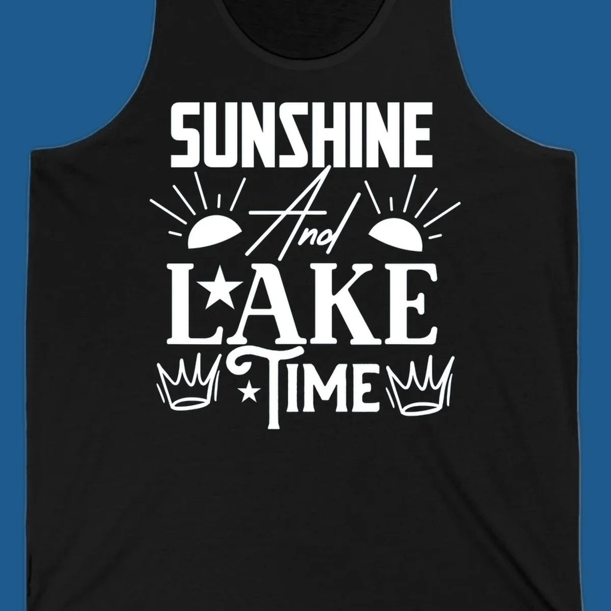 Sunshine and lake time text design with sun, star, and crown graphics.