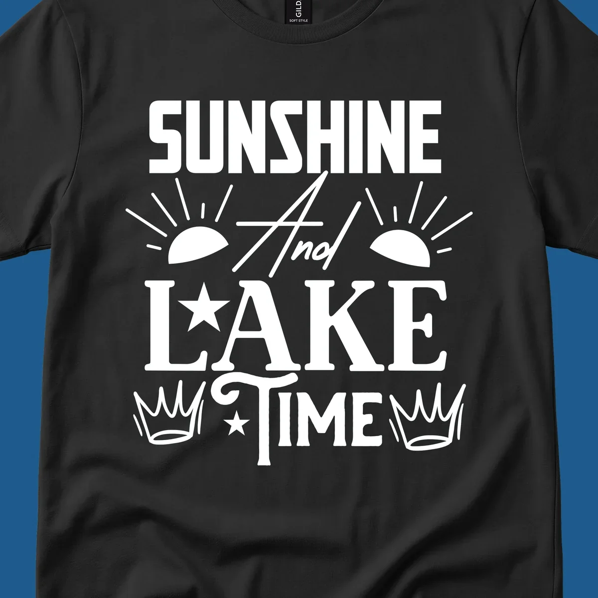 Sunshine and lake time text design with sun, star, and crown graphics.
