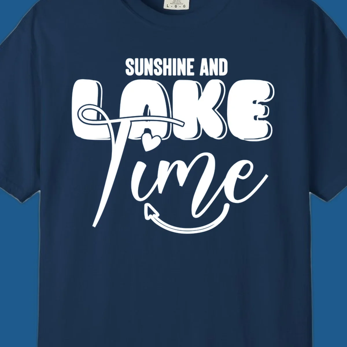 Sunshine and lake time typography design with a heart and arrow.