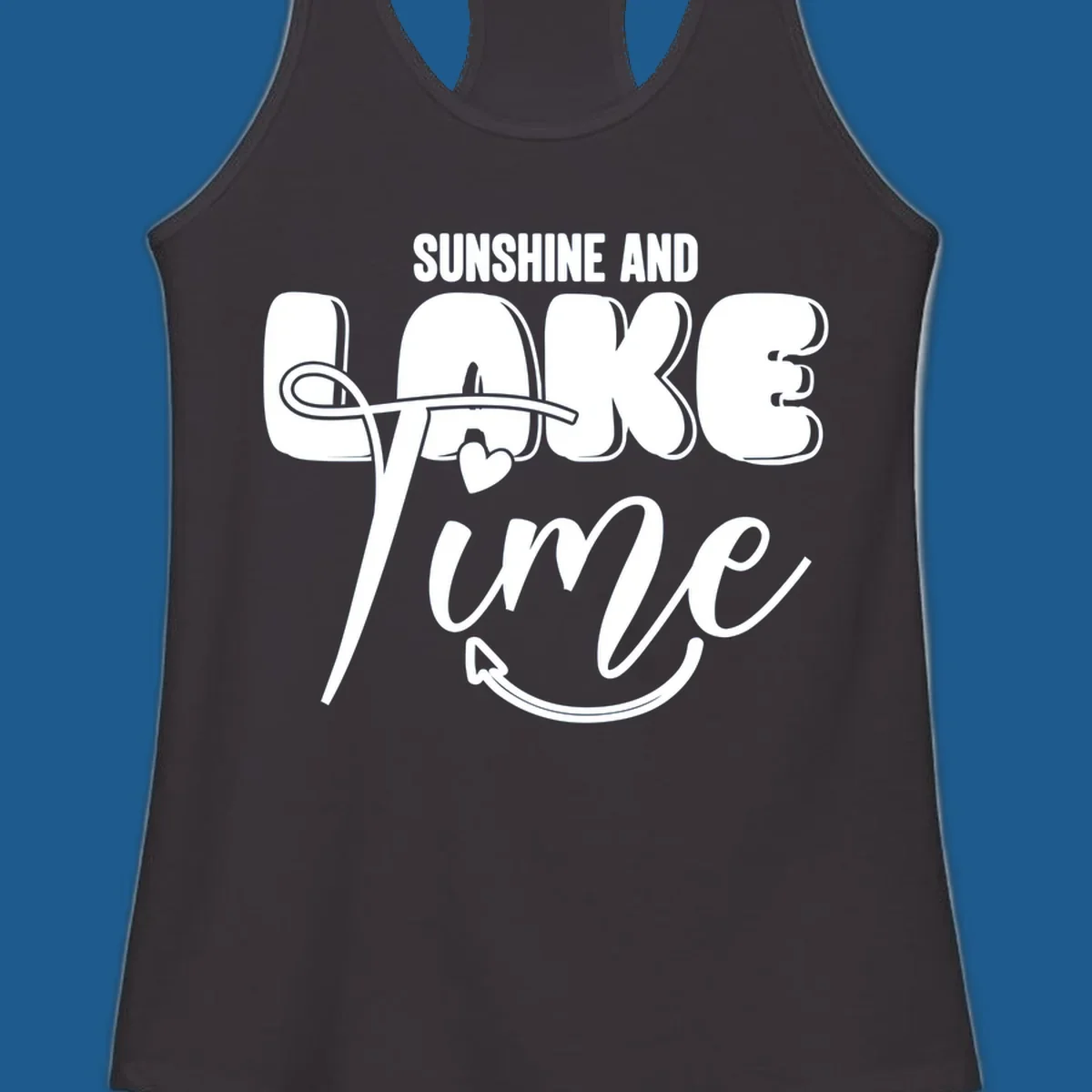 Sunshine and lake time typography design with a heart and arrow.