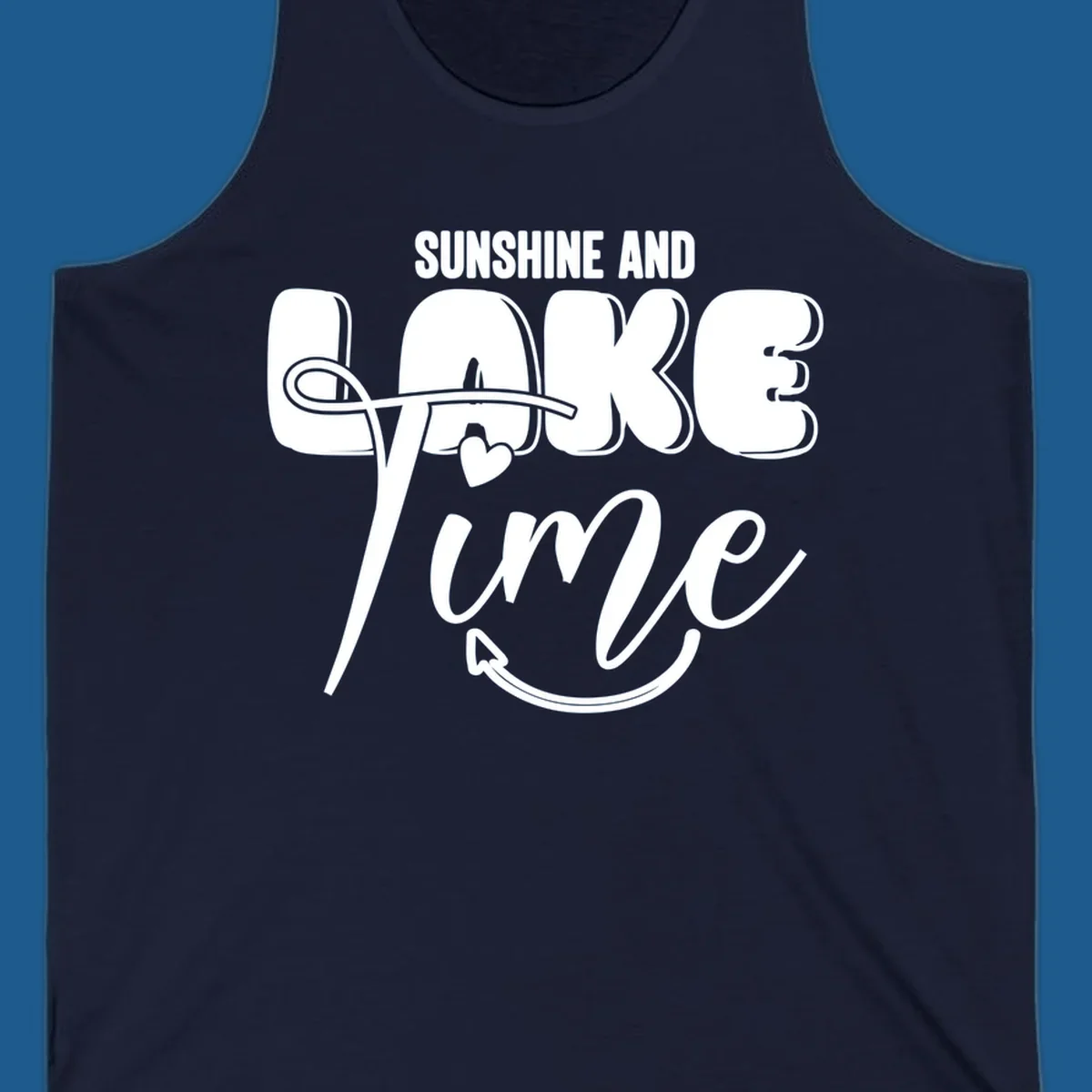 Sunshine and lake time typography design with a heart and arrow.