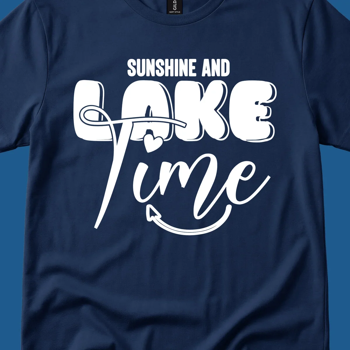 Sunshine and lake time typography design with a heart and arrow.