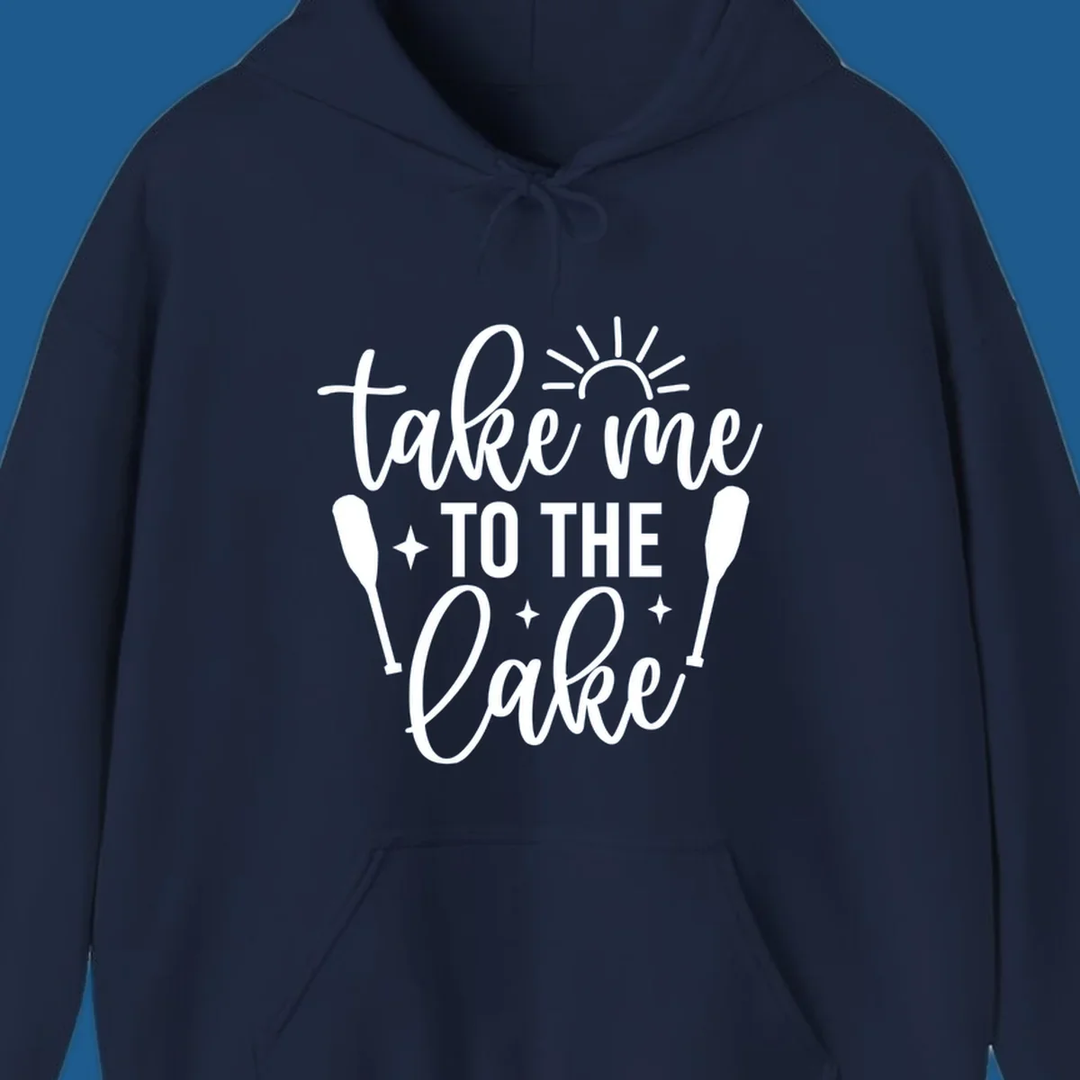 Typography design with 'take me TO THE Lake', sun, paddles, and stars for lake life vibes.