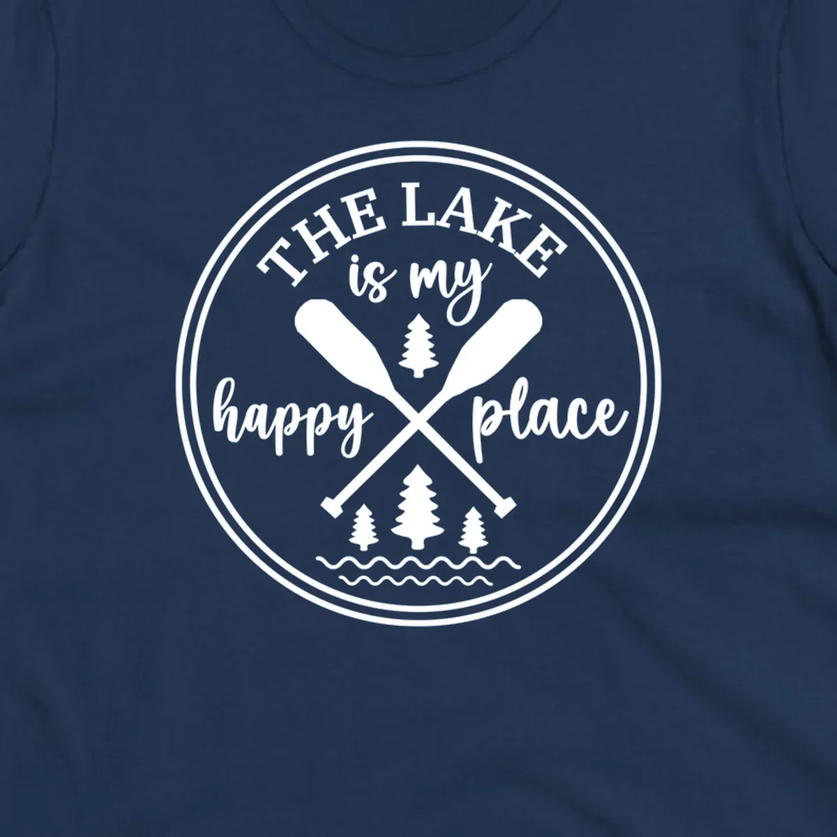 Circular graphic with text 'The Lake is my happy place', crossed oars, and pine trees - lake-happy-place.