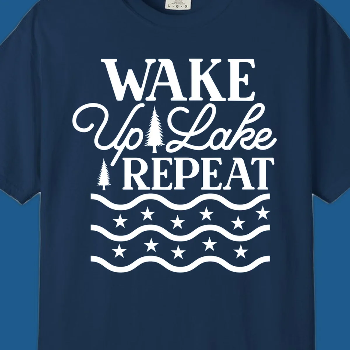 Wake Up Lake Repeat text with trees, waves, and stars graphic.