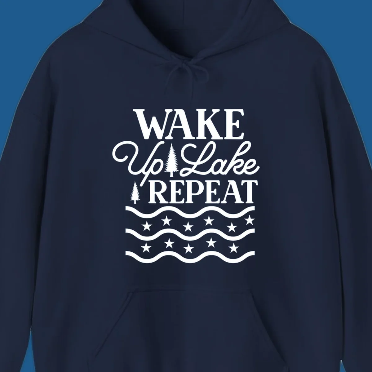 Wake Up Lake Repeat text with trees, waves, and stars graphic.