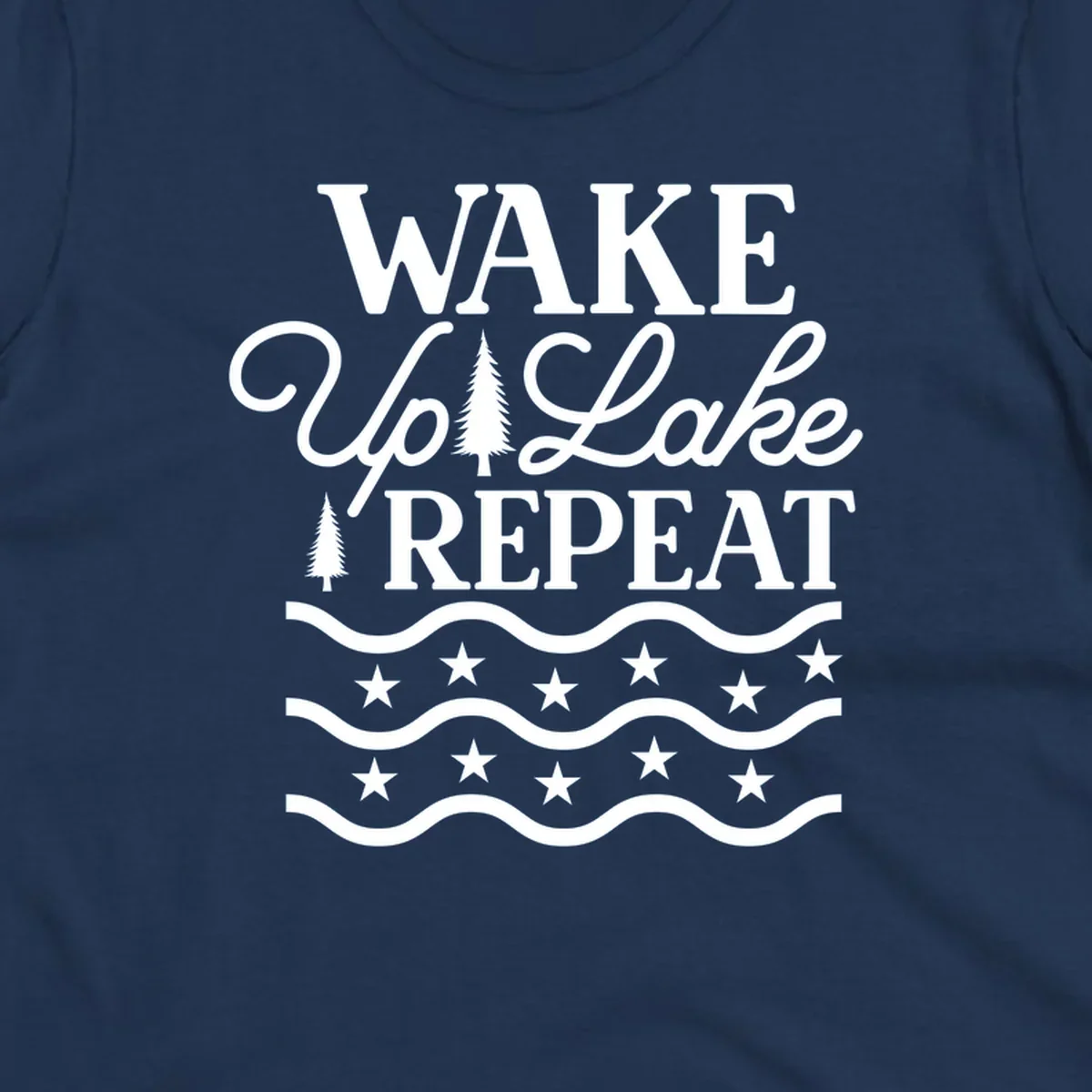 Wake Up Lake Repeat text with trees, waves, and stars graphic.