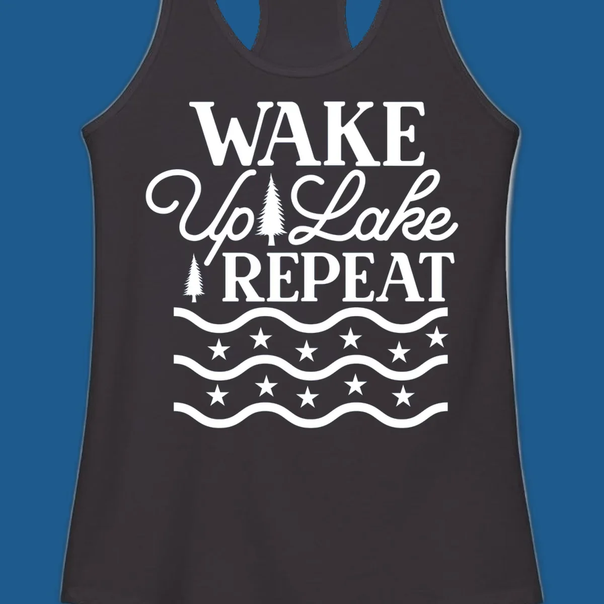 Wake Up Lake Repeat text with trees, waves, and stars graphic.
