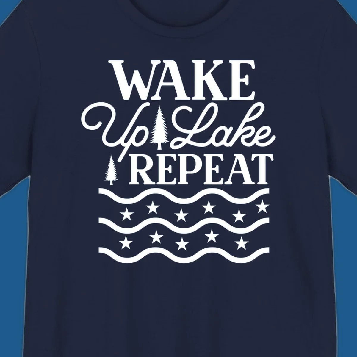 Wake Up Lake Repeat text with trees, waves, and stars graphic.