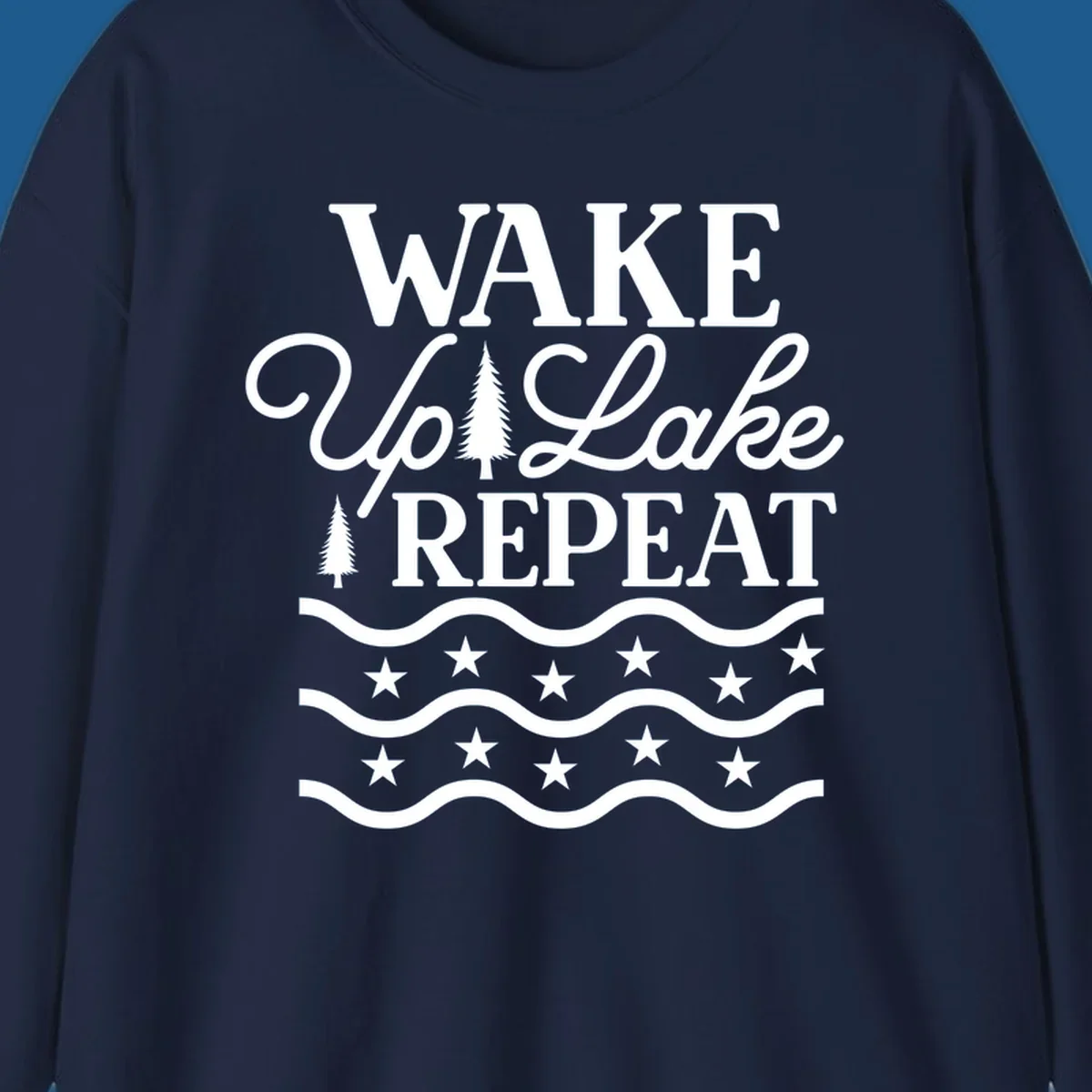 Wake Up Lake Repeat text with trees, waves, and stars graphic.