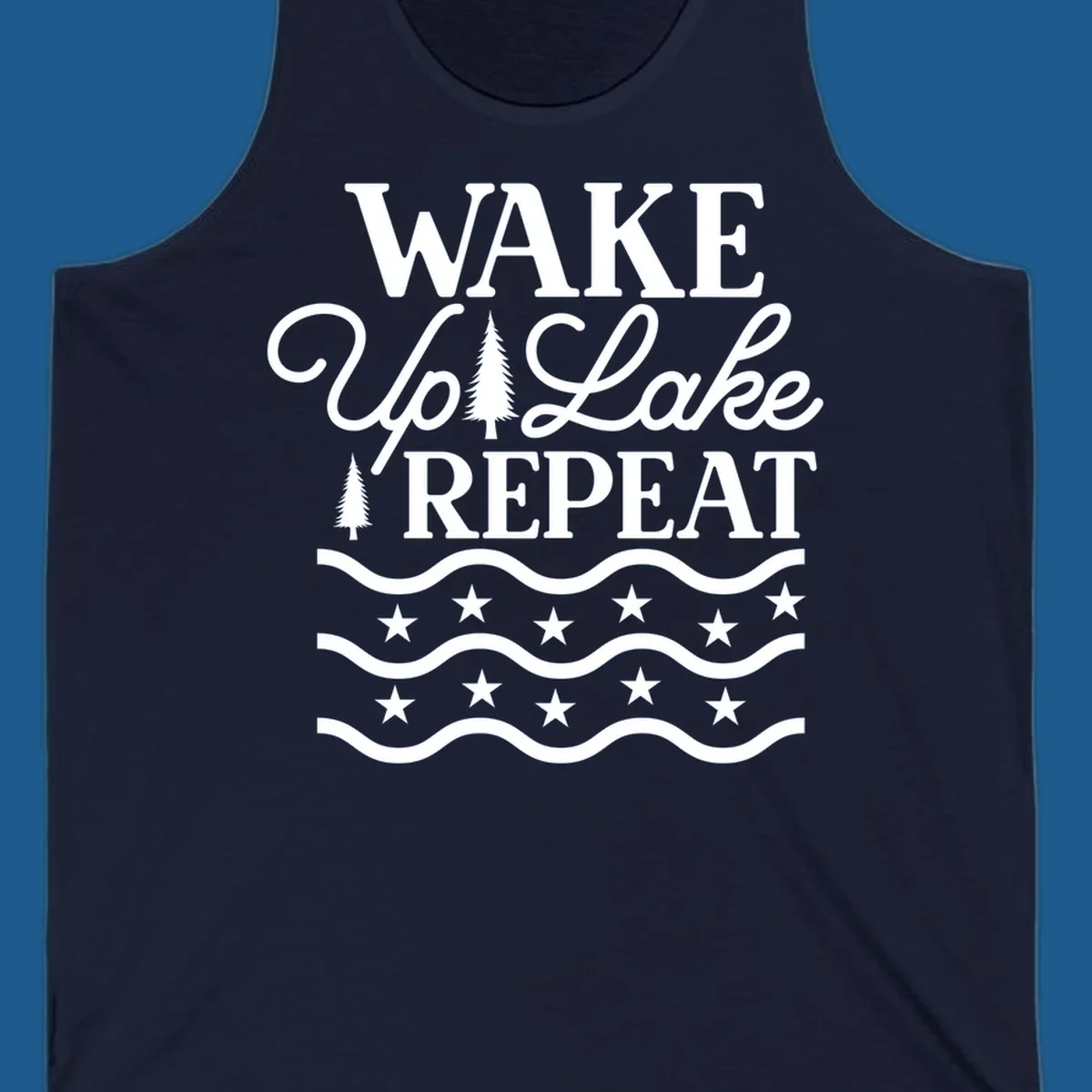Wake Up Lake Repeat text with trees, waves, and stars graphic.