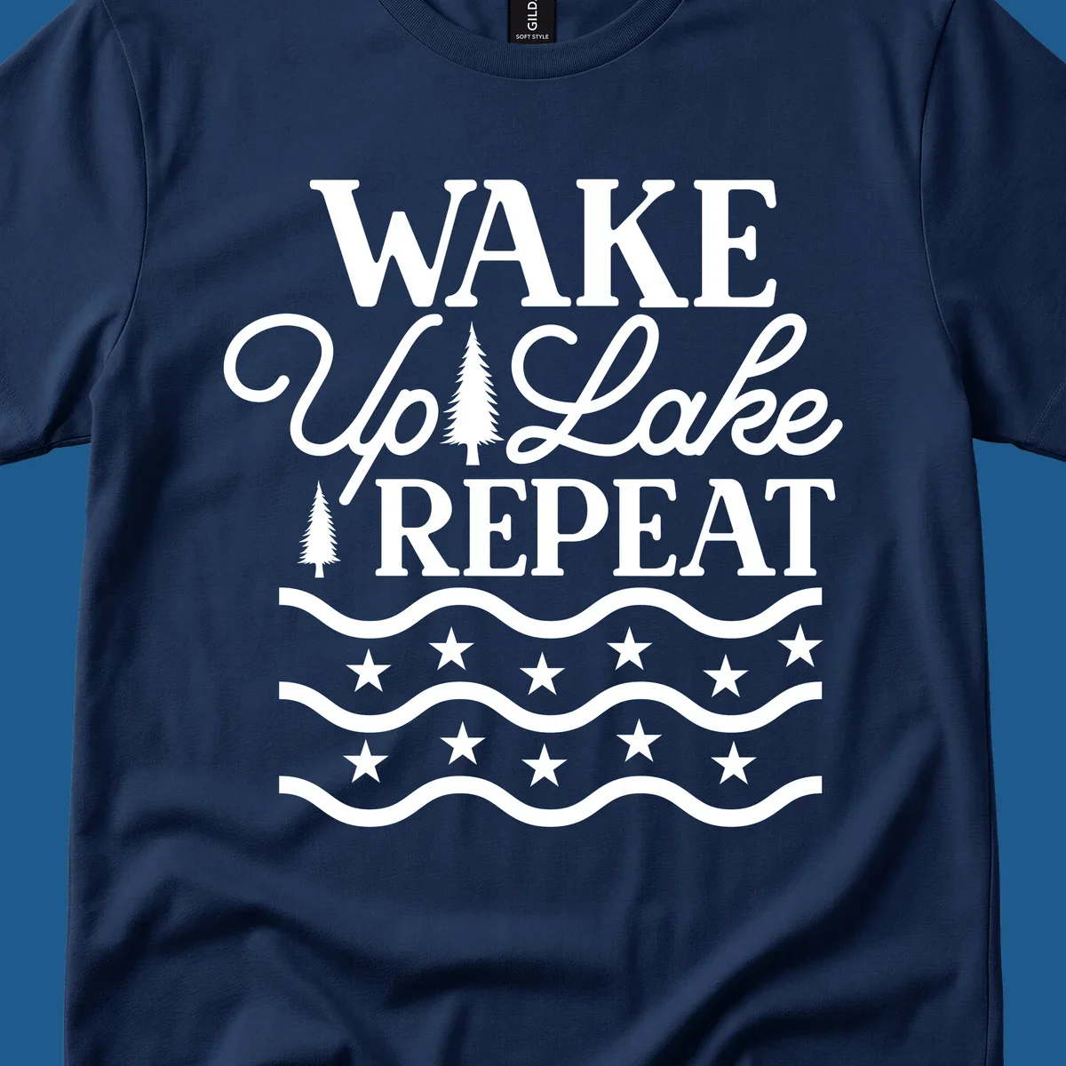 Wake Up Lake Repeat text with trees, waves, and stars graphic.