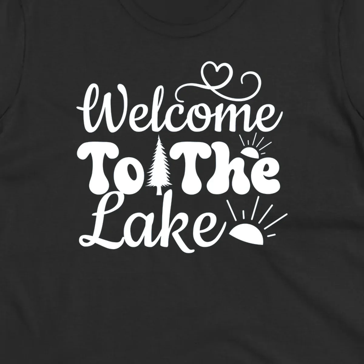 Welcome to the lake typography design with tree and sun graphics.