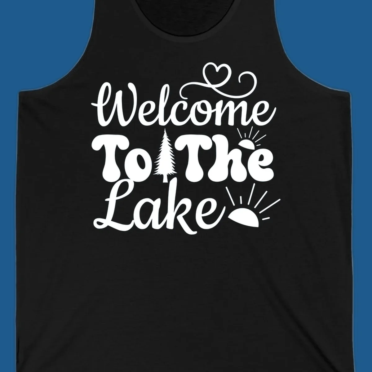 Welcome to the lake typography design with tree and sun graphics.