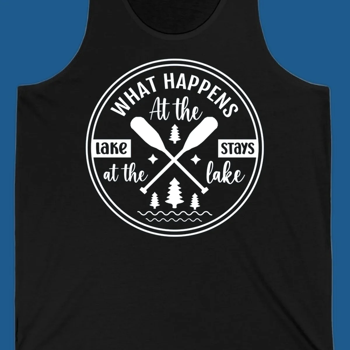 Lake life quote design with paddles and trees.