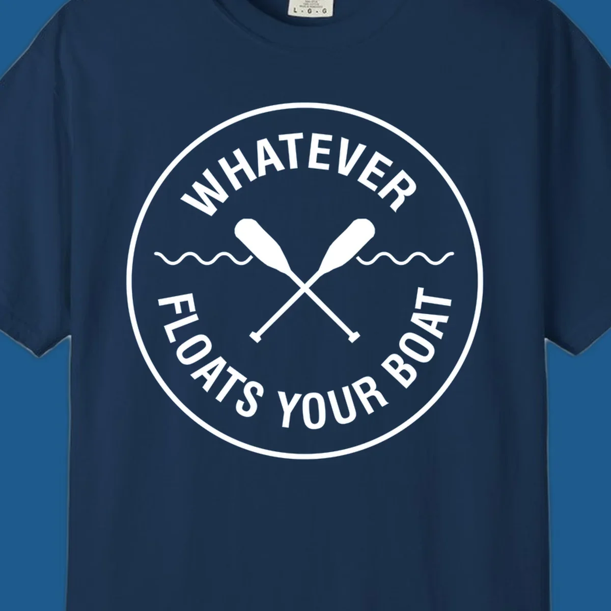 Circular badge with 'Whatever Floats Your Boat' text and crossed oars, representing pontoon boat lifestyle.