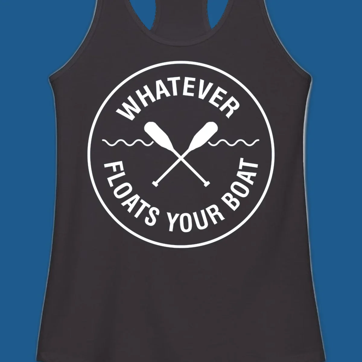 Circular badge with 'Whatever Floats Your Boat' text and crossed oars, representing pontoon boat lifestyle.
